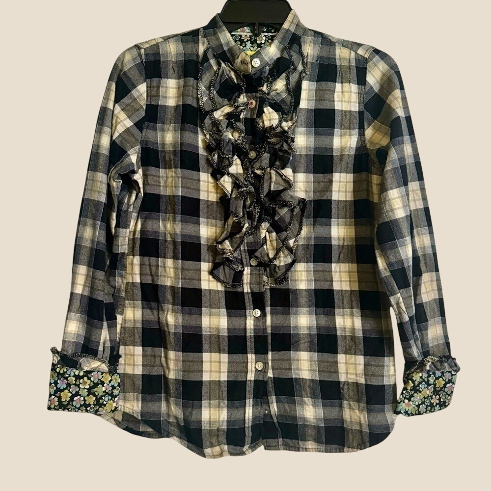 7 For All Mankind Small Preppy Ruffle Plaid Button Down Shirt Black and Cream